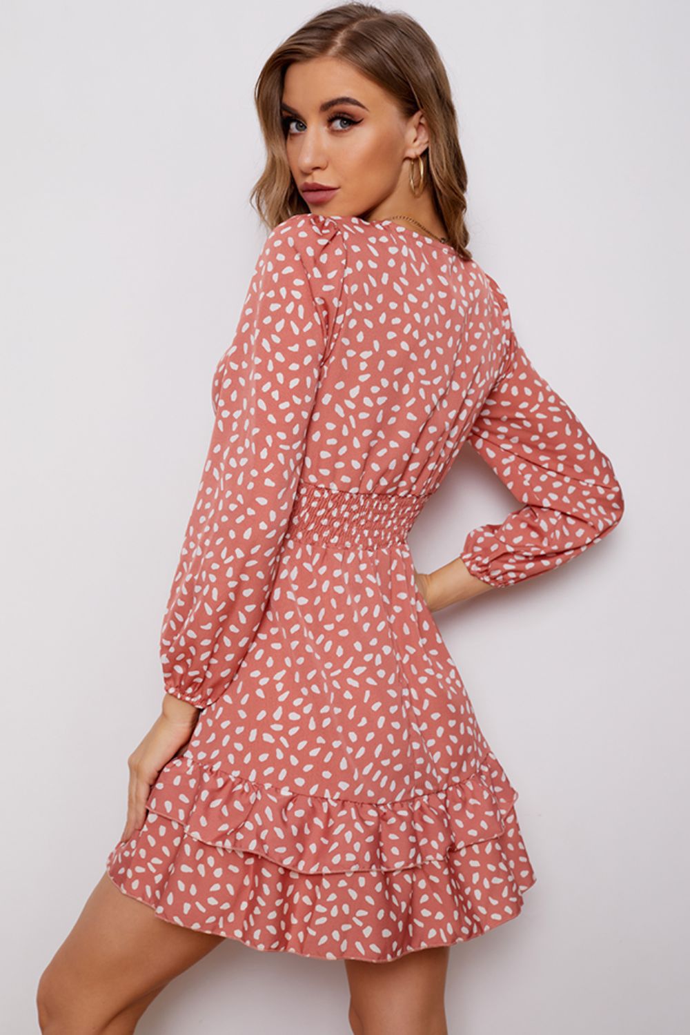 Printed Surplice Neck Puff Sleeve Ruffle Hem Dress-Angel Casuals