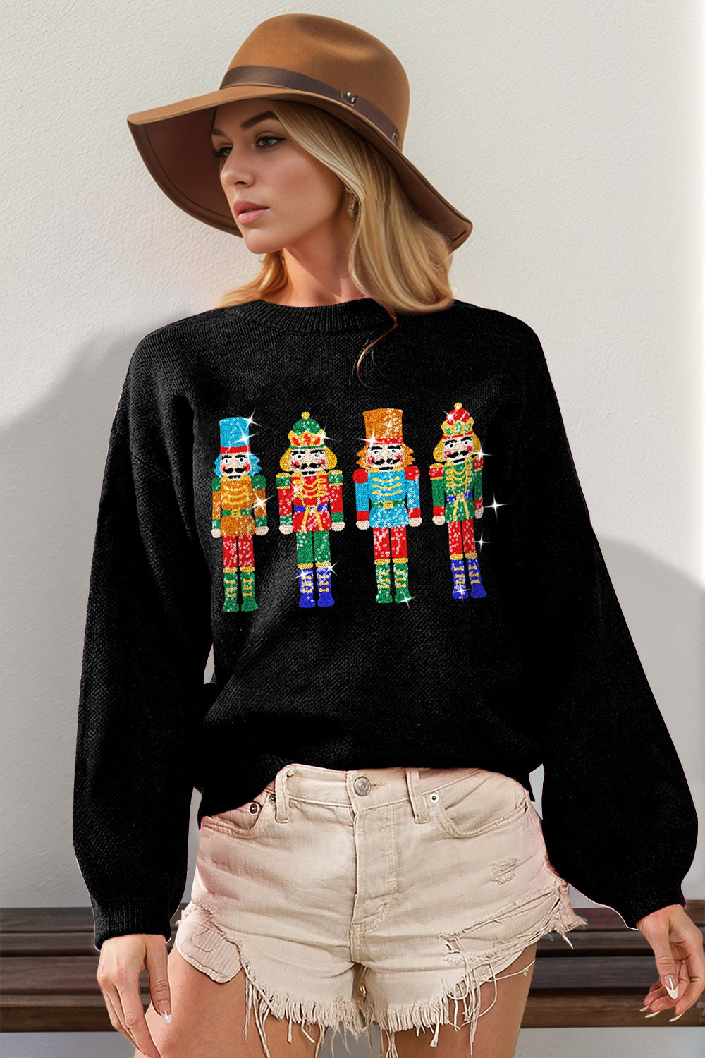 Double Take Full Size Sequin Nutcracker Long Sleeve Sweater-Angel Casuals