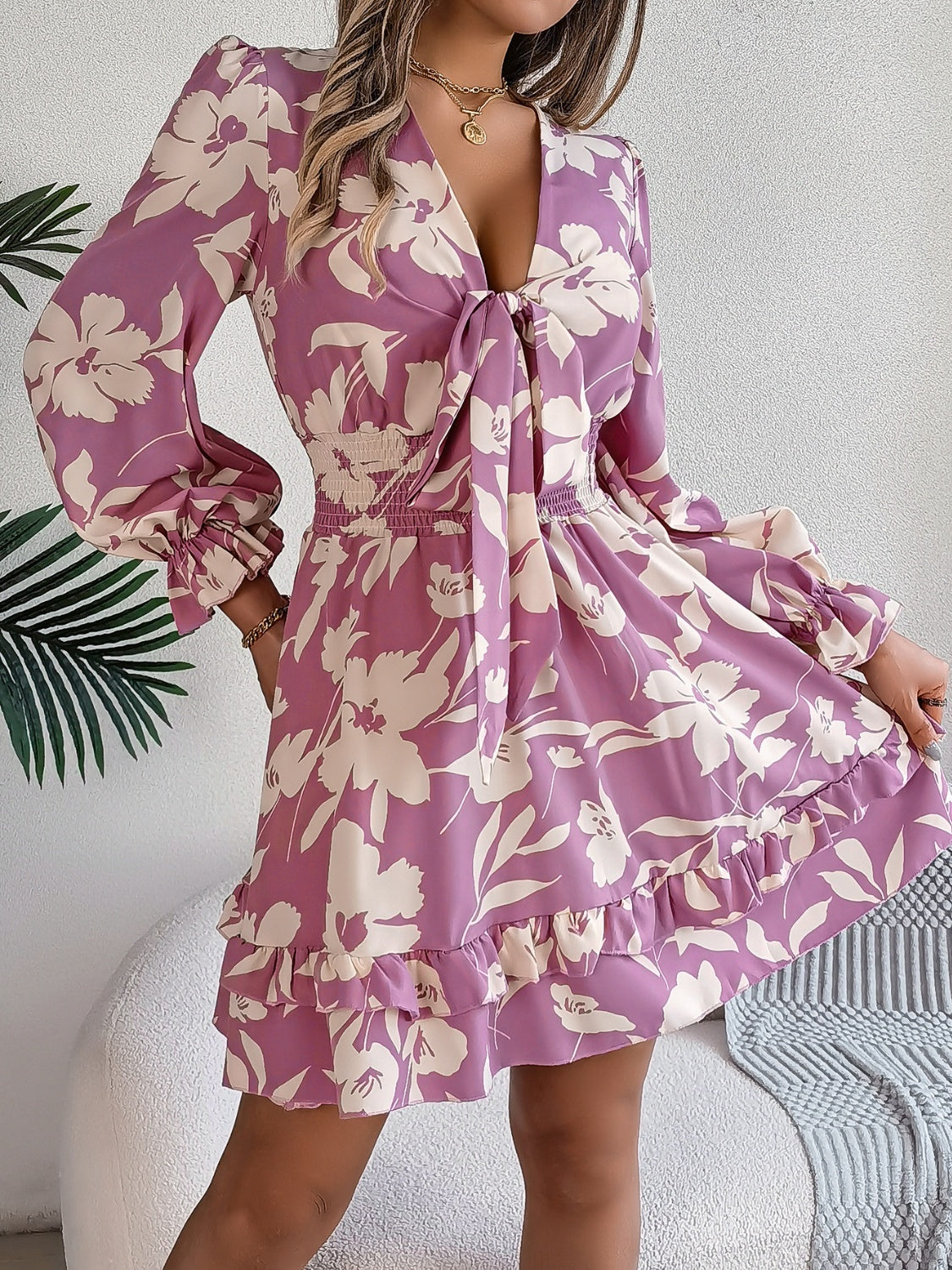 Tied Ruffled Printed Long Sleeve Dress-Angel Casuals