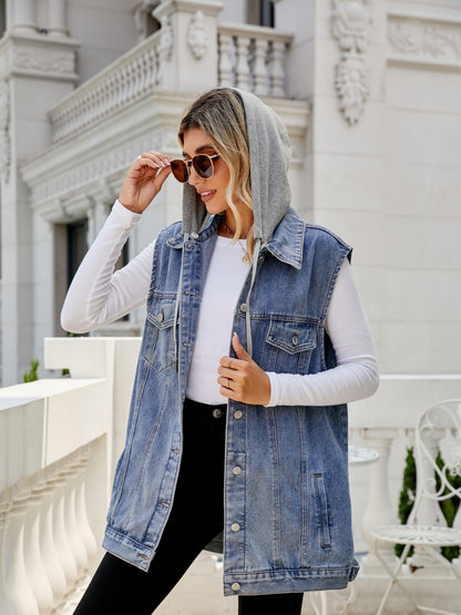 Drawstring Pocketed Button Up Sleeveless Denim Jacket-Angel Casuals