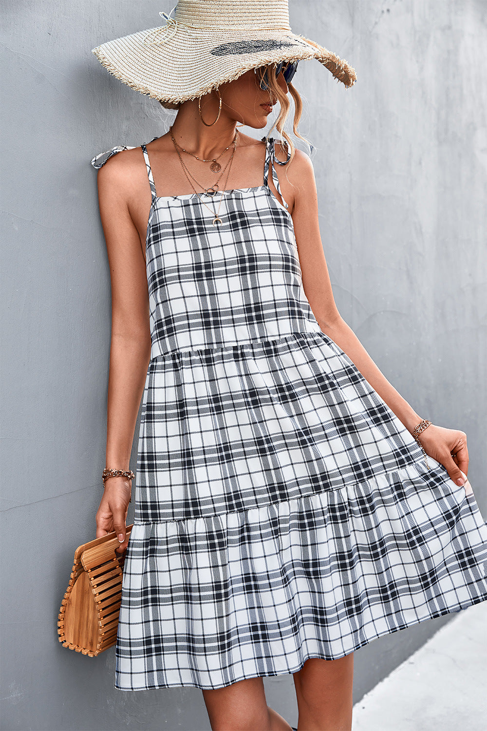 Plaid Tie-Shoulder Tiered Dress-Angel Casuals