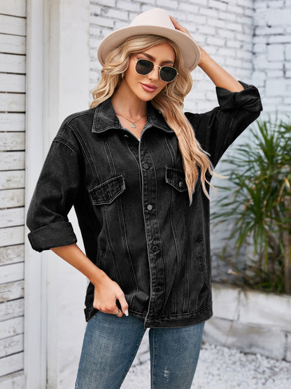 Button Up Long Sleeve Denim Jacket-Angel Casuals