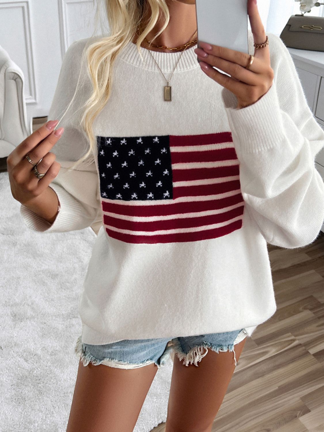 Devine US Flag Round Neck Long Sleeve Knit Top-Angel Casuals