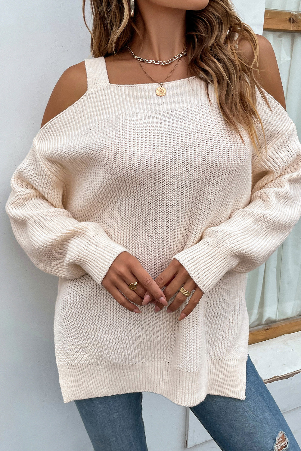 Ribbed Cold Shoulder Long Sleeve Knit Top-Angel Casuals