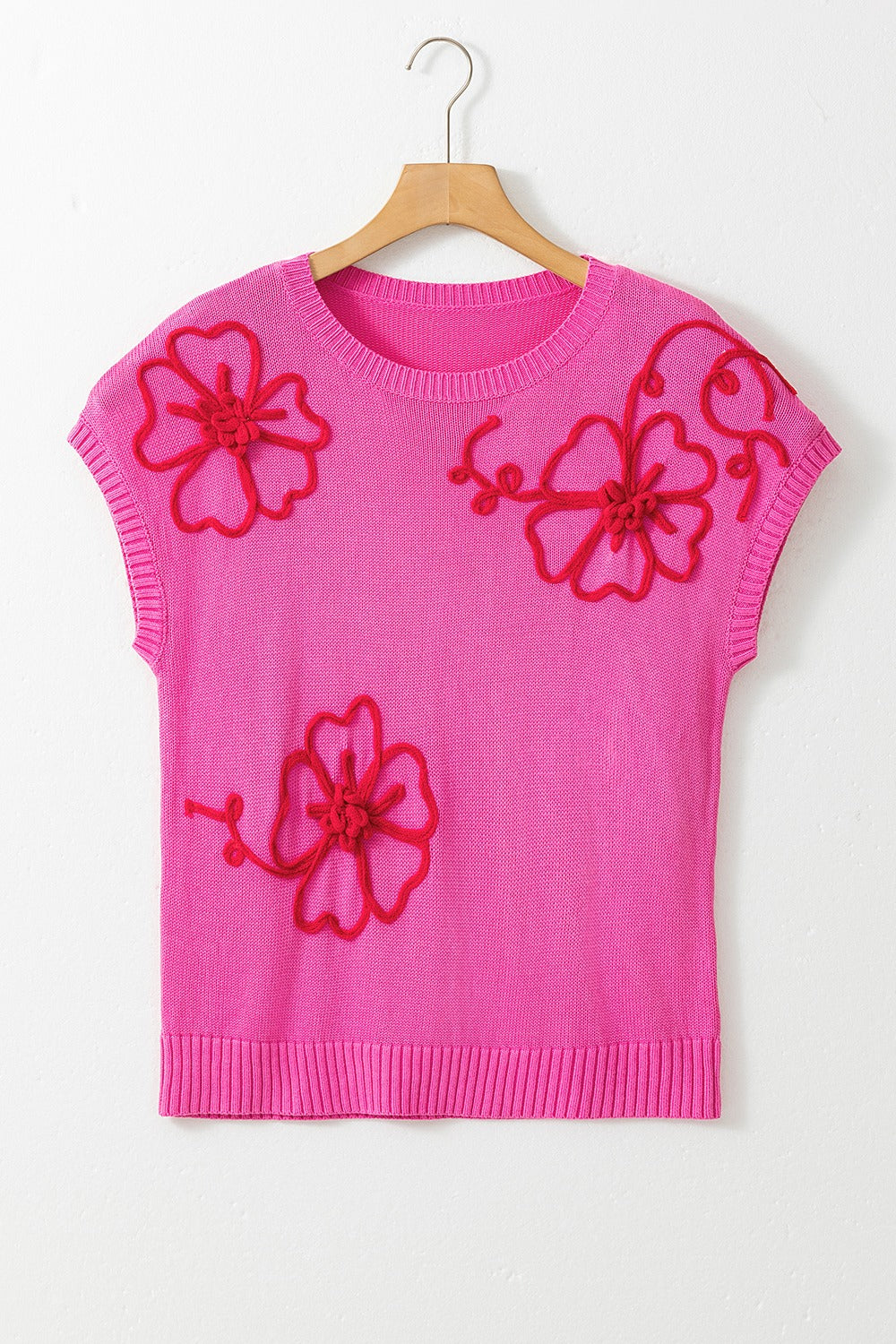 Crochet Flower Round Neck Cap Sleeve Sweater-Angel Casuals