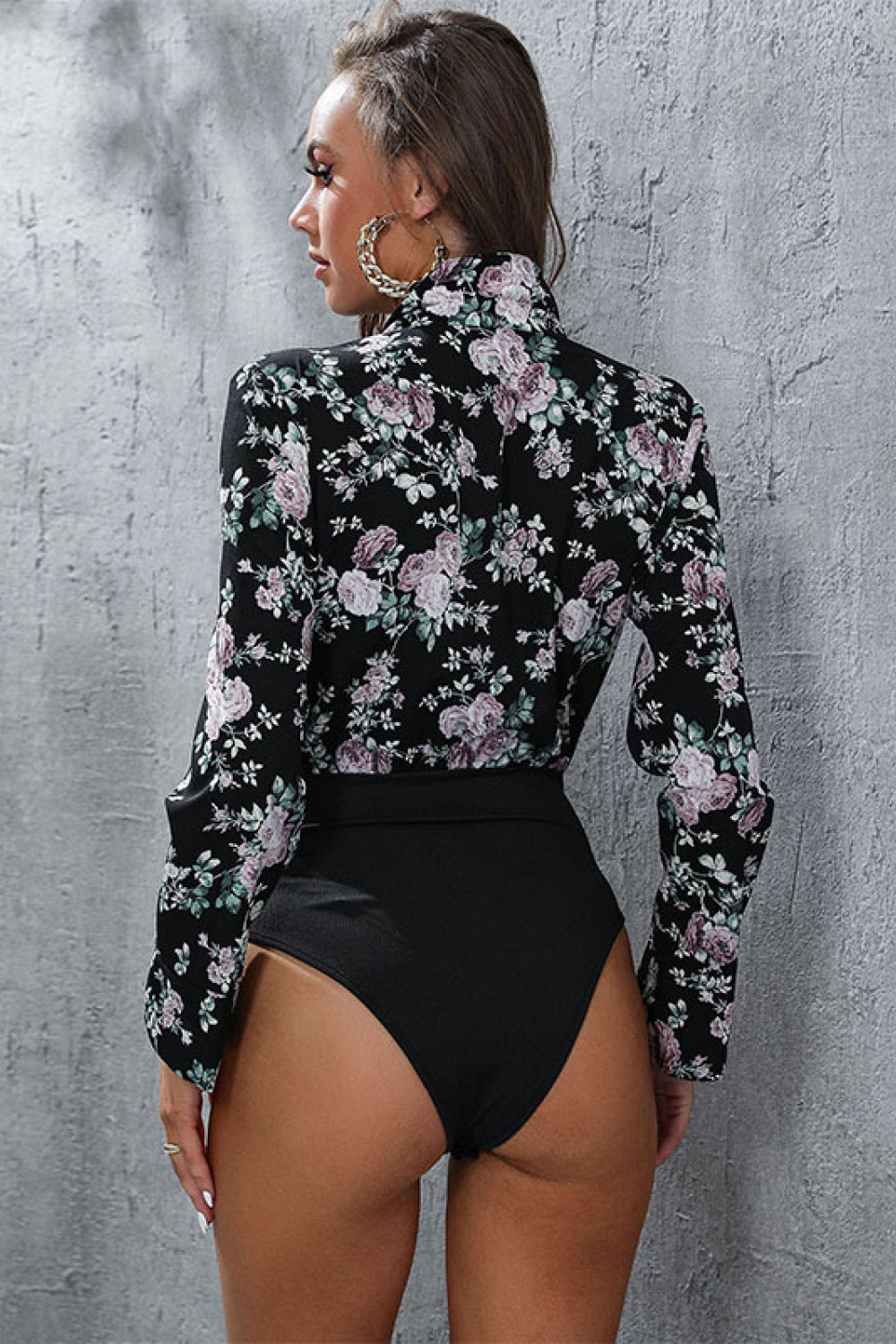 Floral Lapel Collar Spliced Bodysuit-Angel Casuals