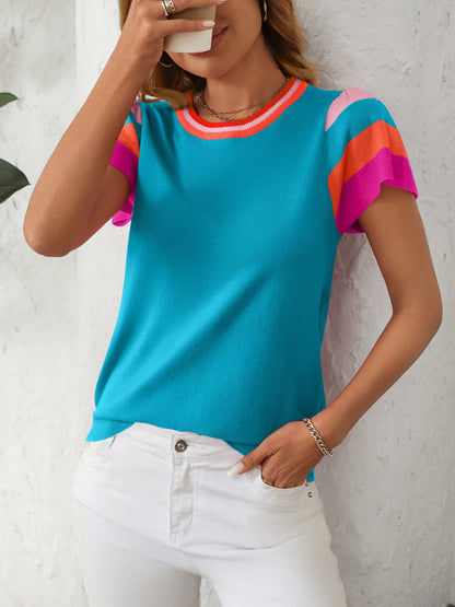 Mandy Contrast Round Neck Short Sleeve Knit Top-Angel Casuals