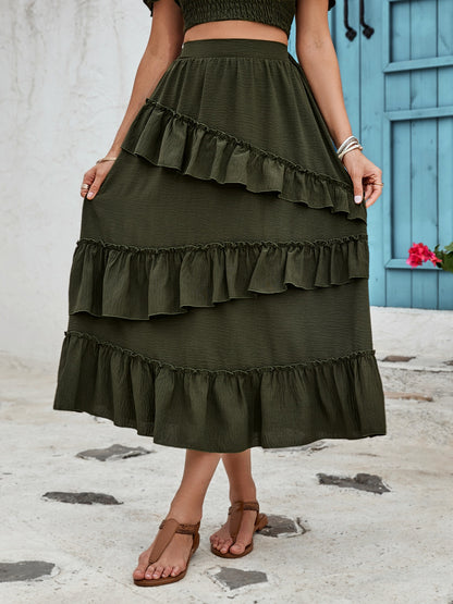 Ruffled Elastic Waist Midi Skirt-Angel Casuals