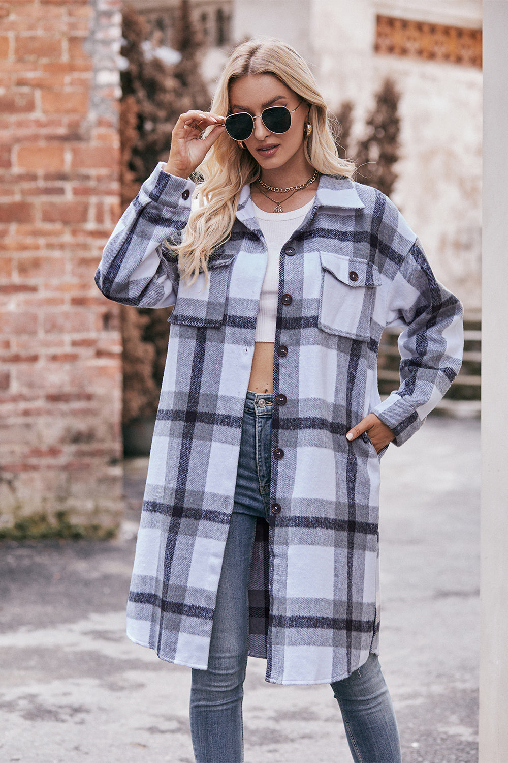 Mandy Plaid Dropped Shoulder Longline Jacket-Angel Casuals