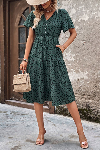 Printed Buttoned V-Neck Flutter Sleeve Dress-Angel Casuals