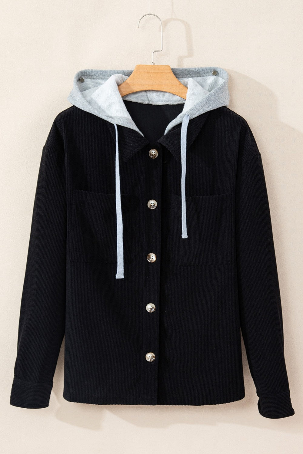 Drawstring Button Up Long Sleeve Hooded Jacket-Angel Casuals