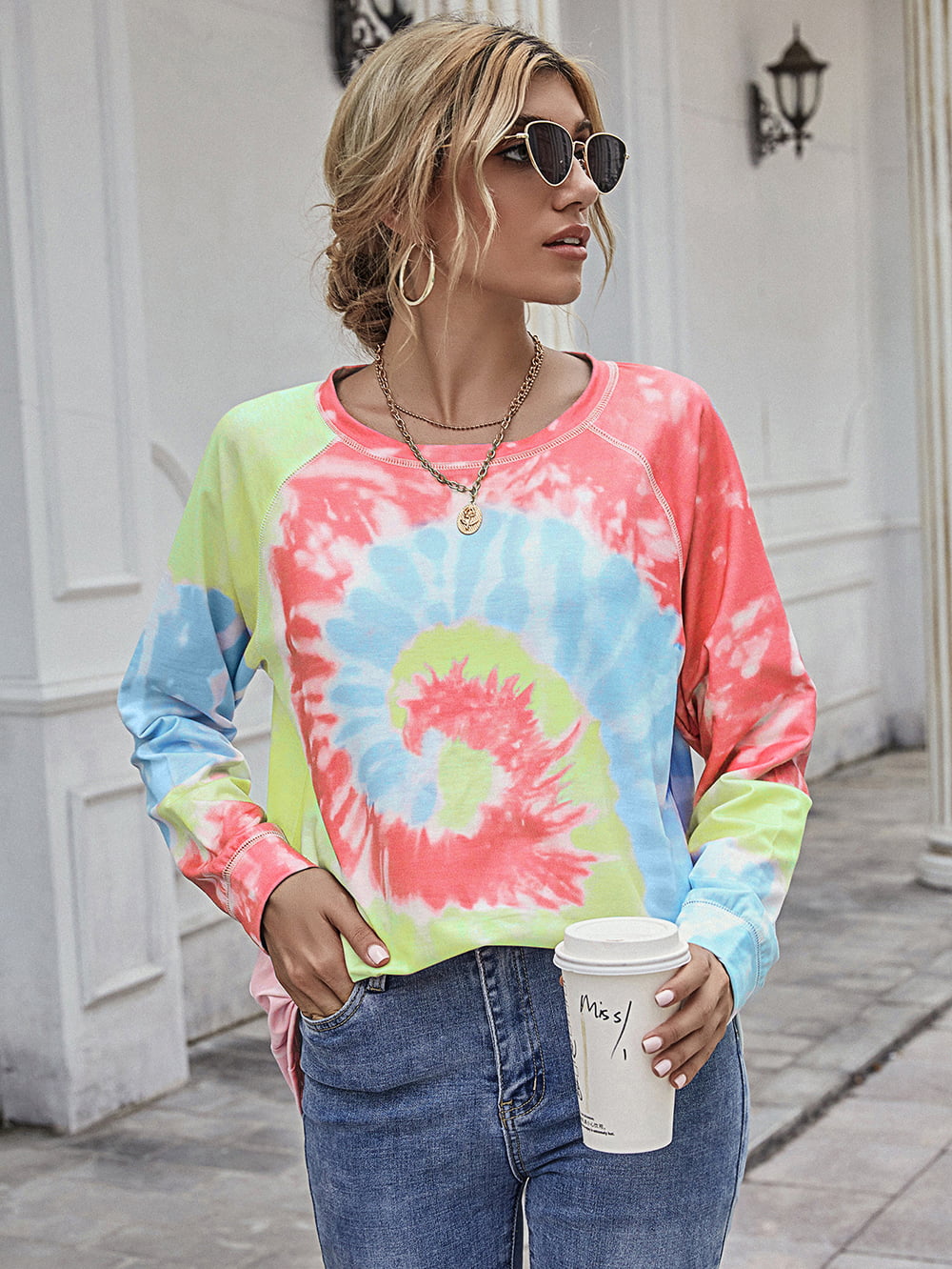 Printed Round Neck Raglan Sleeve Tee-Angel Casuals