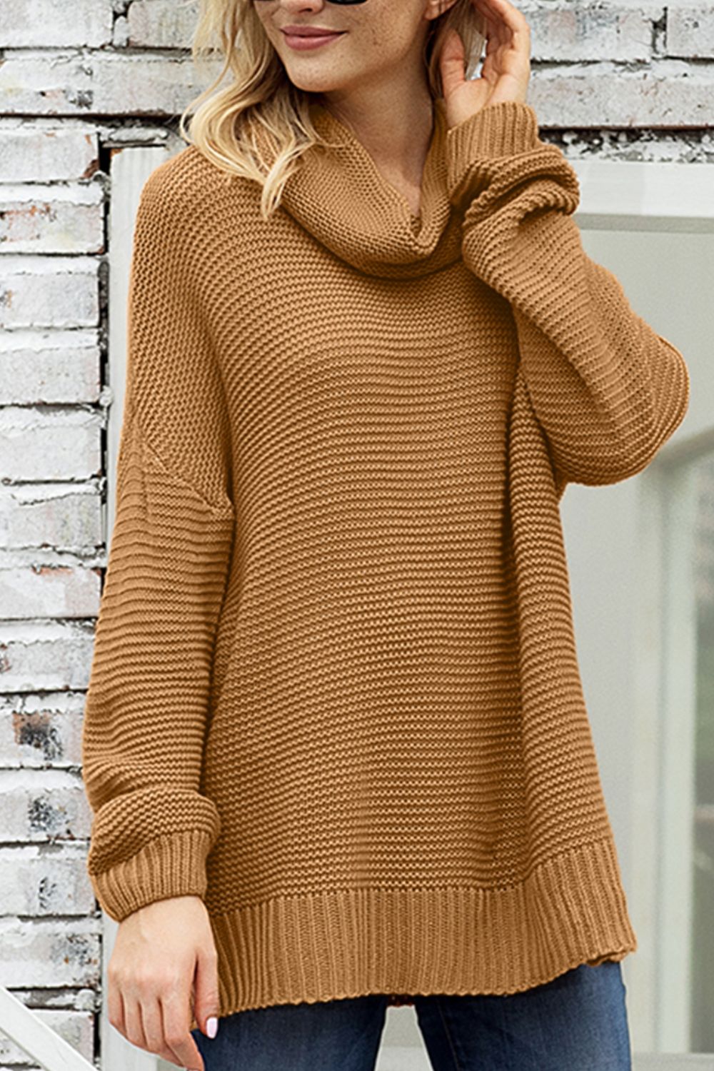 Side Slit Turtleneck Long Sleeve Sweater-Angel Casuals