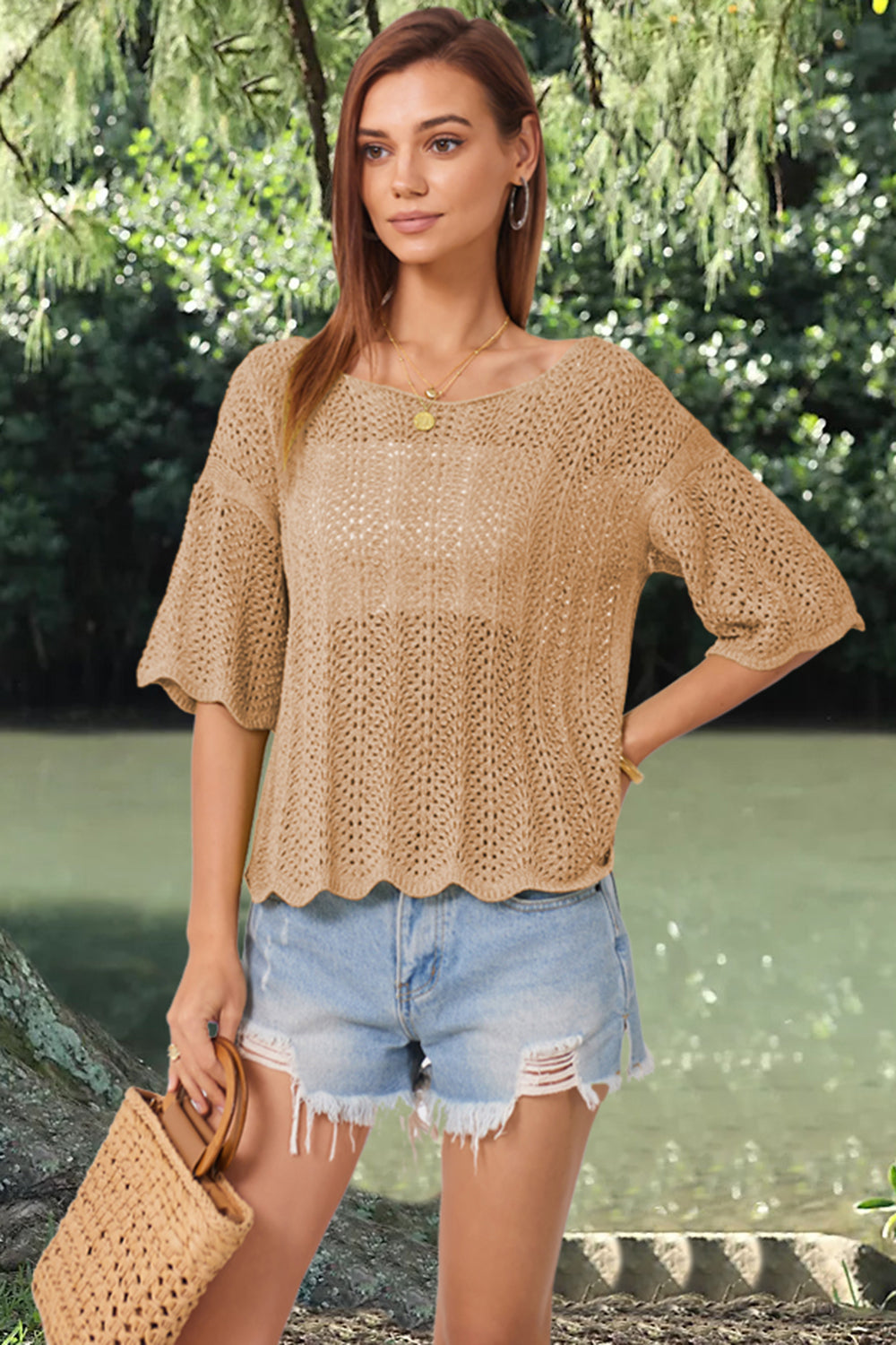 Openwork Round Neck Half Sleeve Knit Top-Angel Casuals