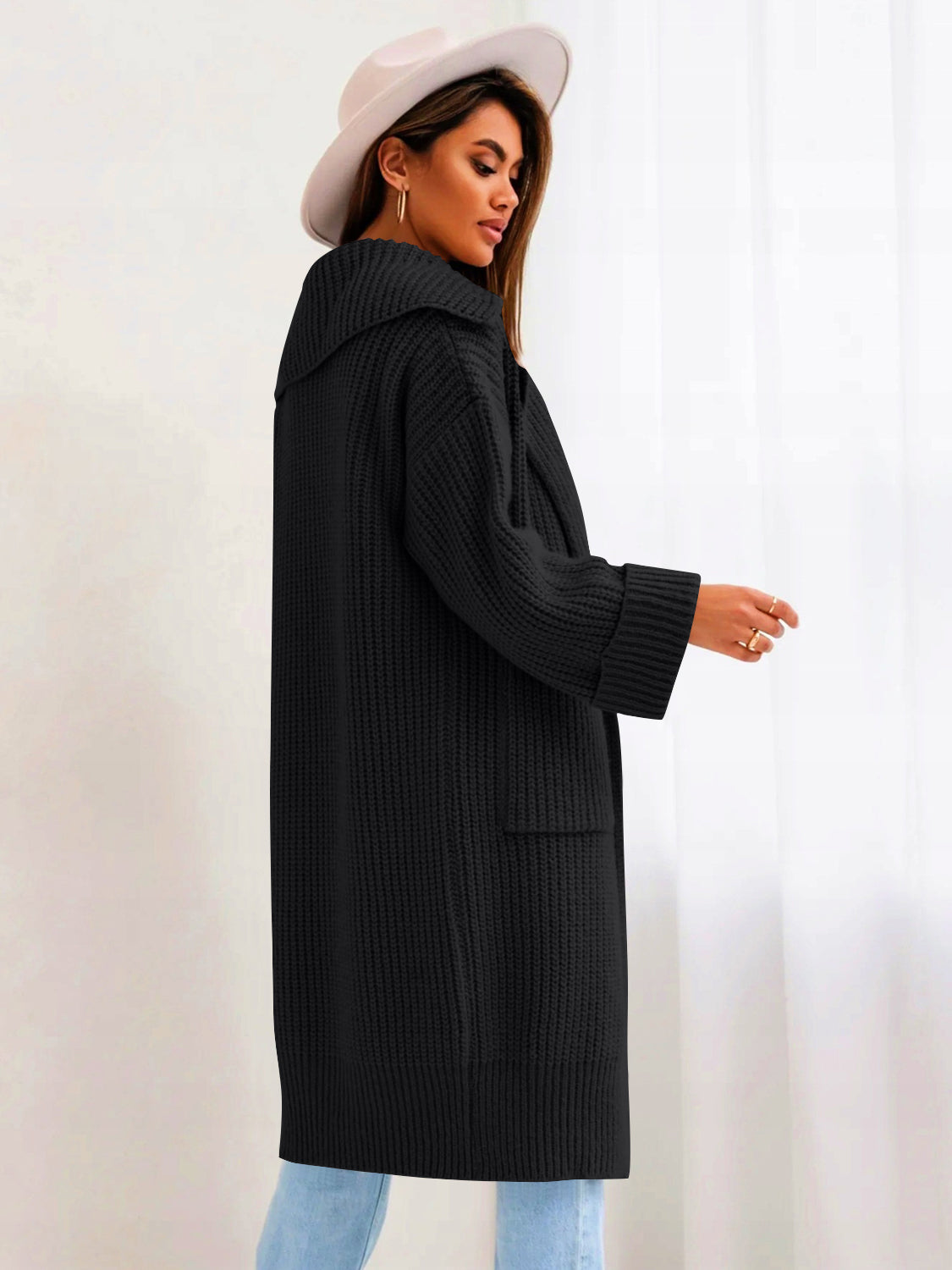Pocketed Collared Neck Dropped Shoulder Cardigan-Angel Casuals