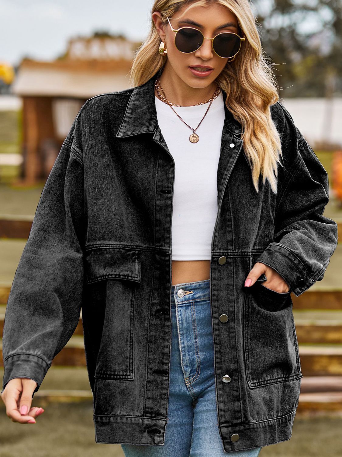 Dropped Shoulder Denim Jacket with Pockets-Angel Casuals