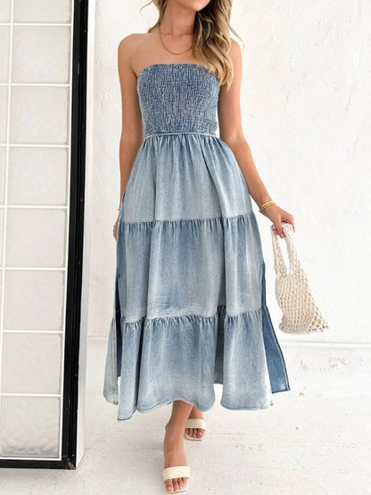 Slit Smocked Tube Tiered Denim Dress-Angel Casuals