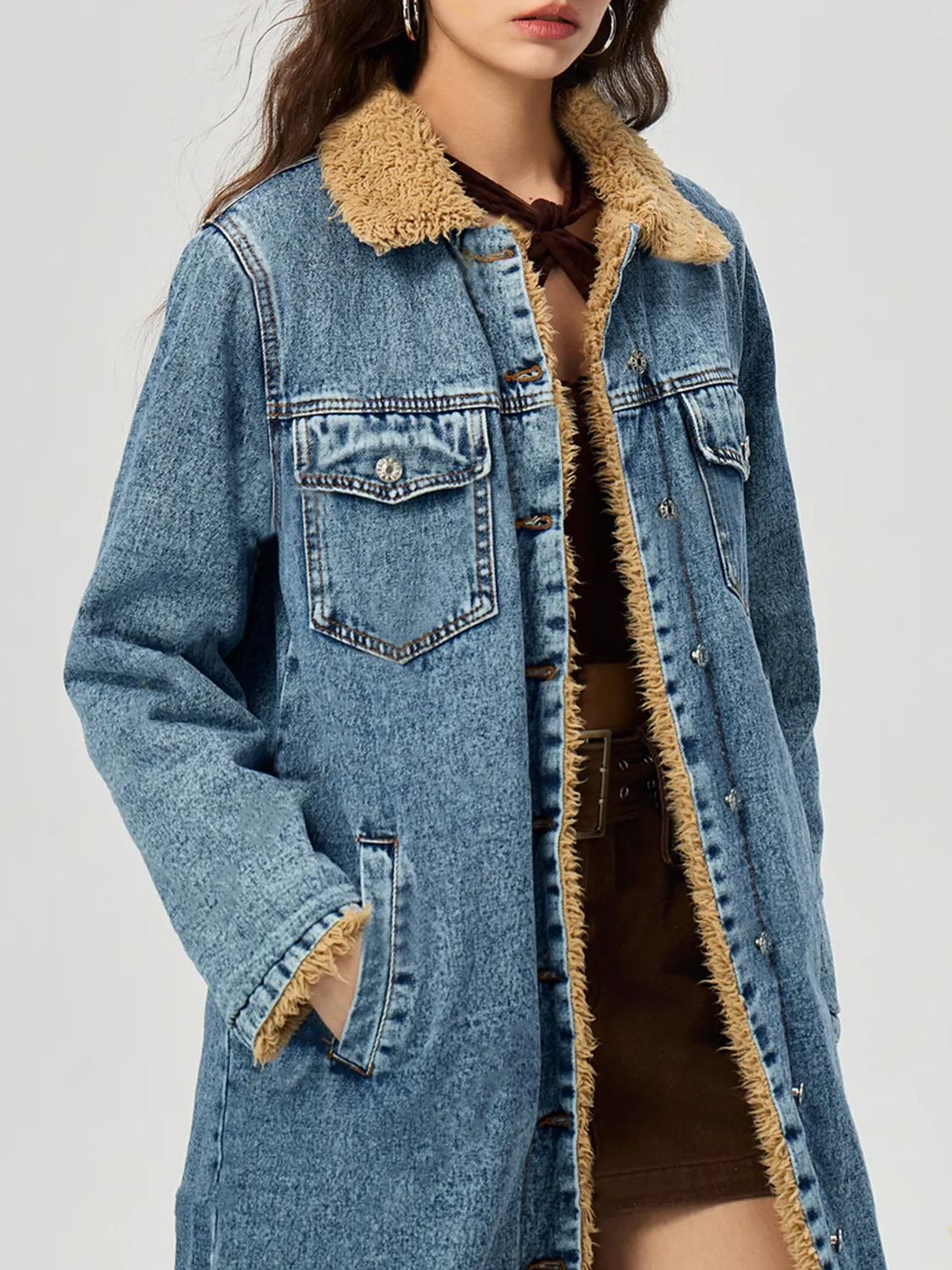 Pocketed Button Up Denim Jacket with Fur Lining-Angel Casuals