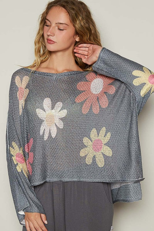 POL Flower Dropped Shoulder Long Sleeve Knit Top-Angel Casuals