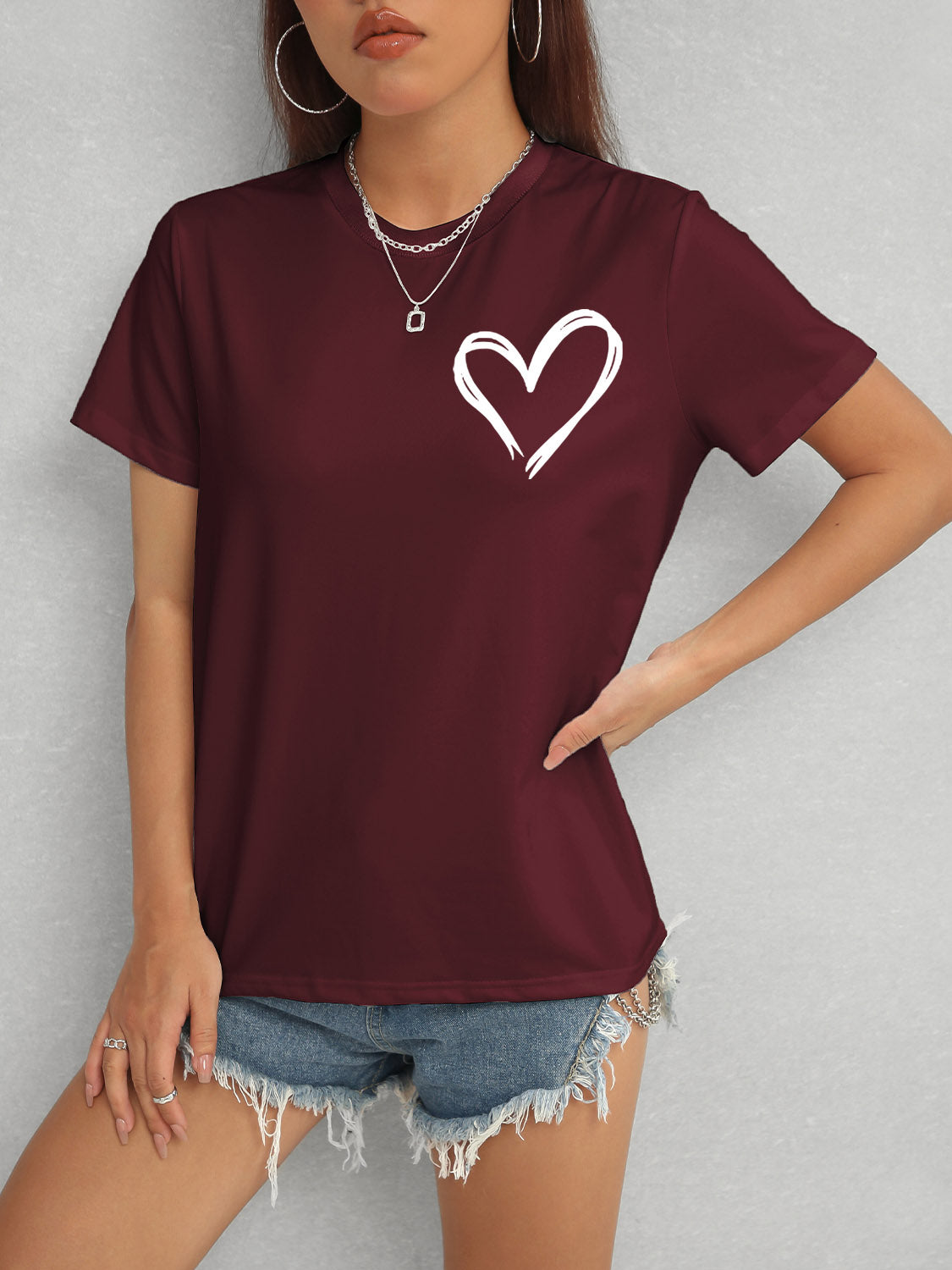 Heart Round Neck Short Sleeve T-Shirt-Angel Casuals