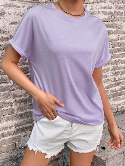 Round Neck Cuffed Sleeve T-Shirt-Angel Casuals