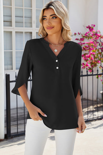 Notched Half Button T-Shirt-Angel Casuals
