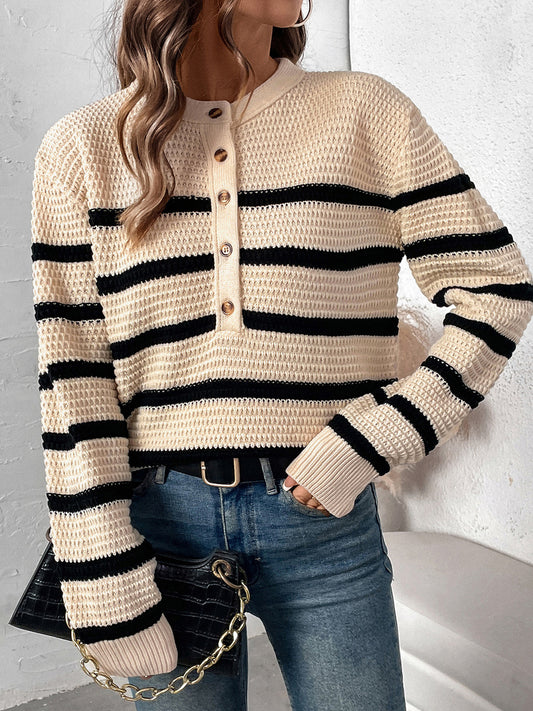 Perfee Striped Half Button Long Sleeve Sweater-Angel Casuals