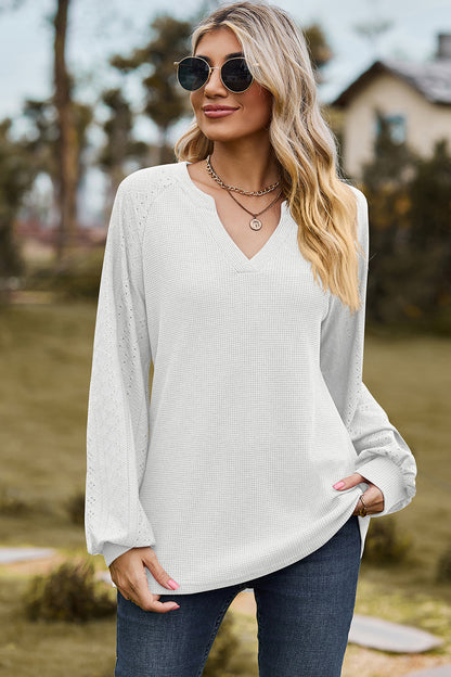 Eyelet Notched Raglan Sleeve T-Shirt-Angel Casuals