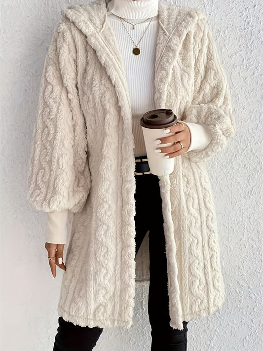 Open Front Long Sleeve Fuzzy Hooded Jacket-Angel Casuals