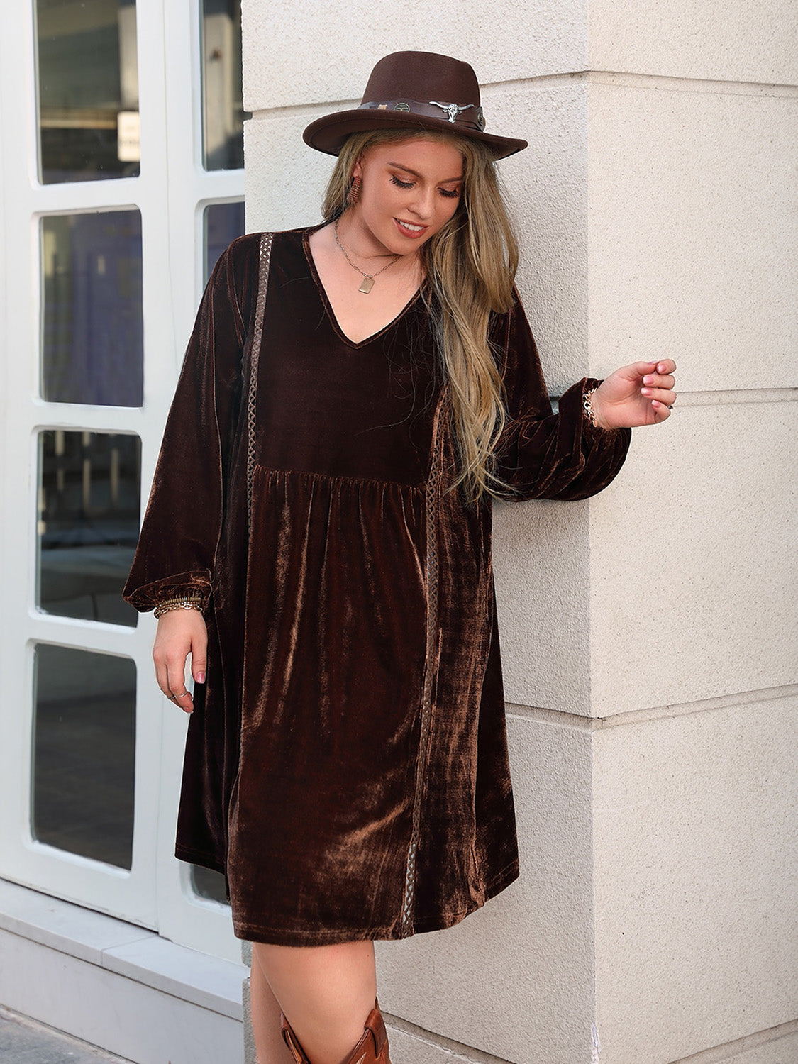 Plus Size V-Neck Balloon Sleeves Dress-Angel Casuals