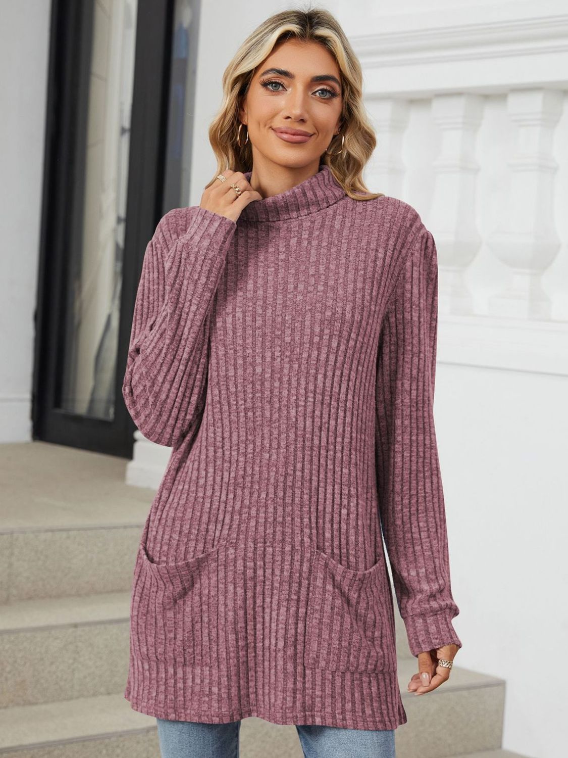 Ribbed Mock Neck Long Sleeve T-Shirt-Angel Casuals