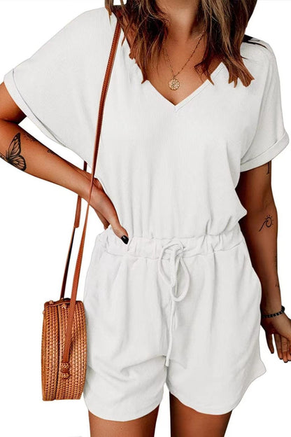 Full Size Drawstring V-Neck Short Sleeve Romper-Angel Casuals