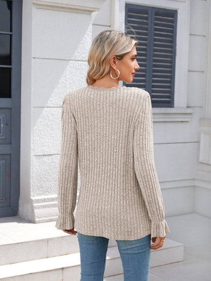 Lace Detail V-Neck Long Sleeve T-Shirt-Angel Casuals