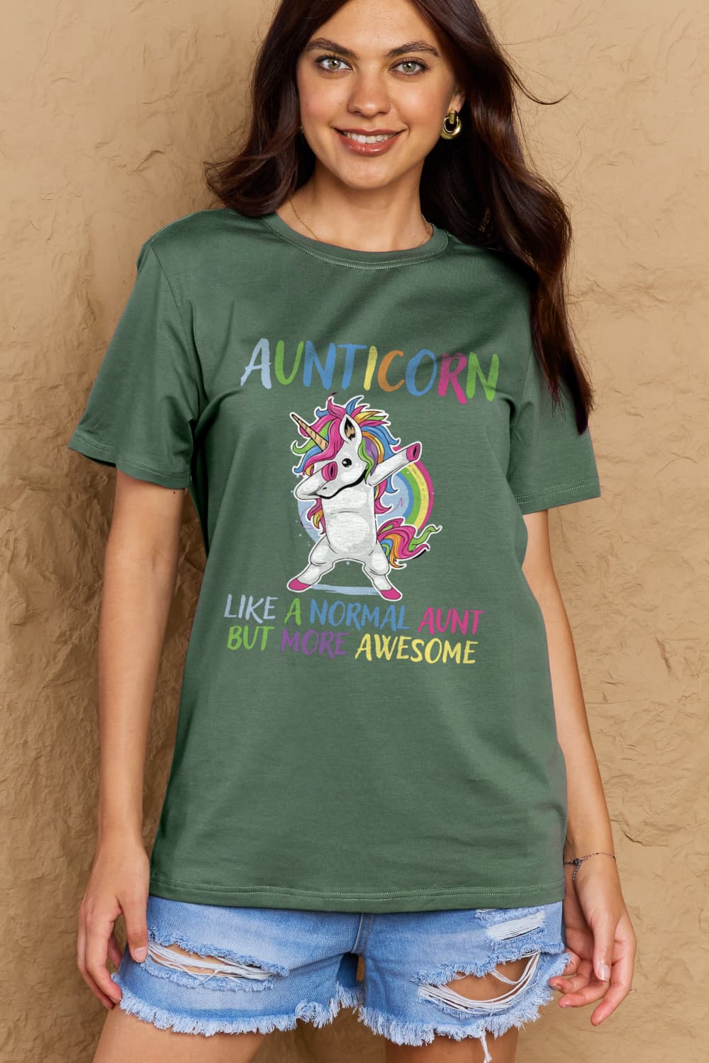 Simply Love Full Size AUNTICORN LIKE A NORMAL AUNT BUT MORE AWESOME Graphic Cotton Tee-Angel Casuals