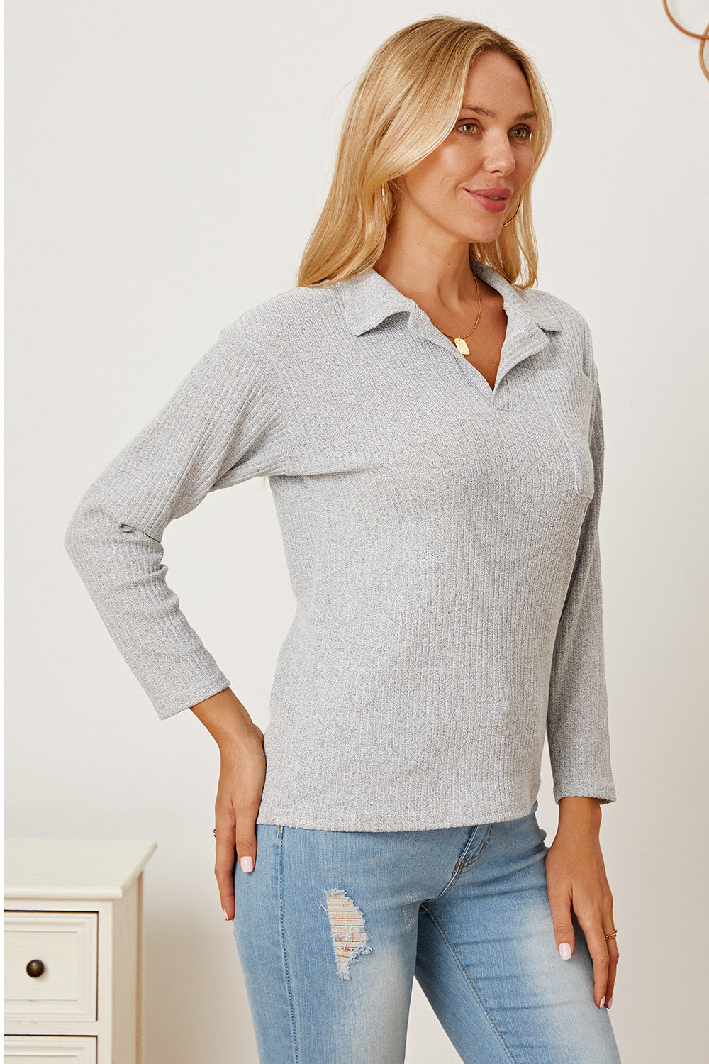Collared Neck Dropped Shoulder T-Shirt-Angel Casuals