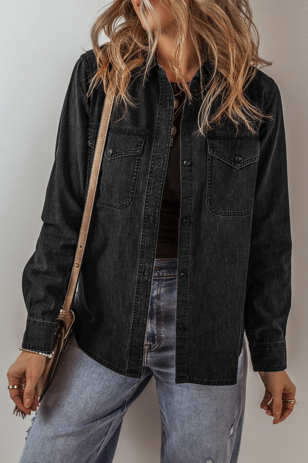 Button Up Long Sleeve Denim Jacket-Angel Casuals