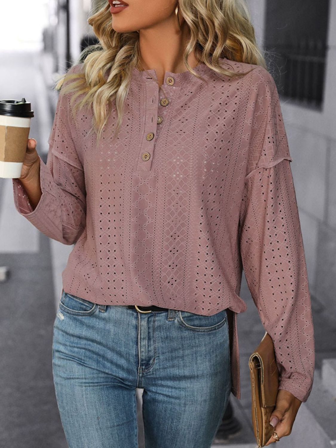 Perfee Eyelet Round Neck Long Sleeve Top-Angel Casuals