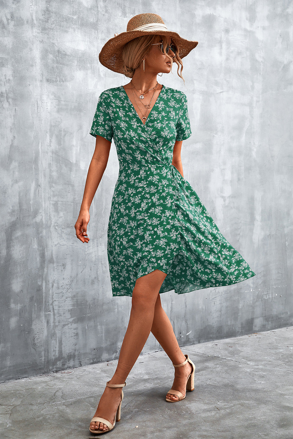 Floral Surplice Neck Flutter Sleeve Dress-Angel Casuals