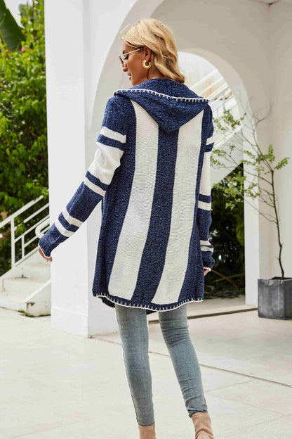 Woven Right Striped Open Front Hooded Cardigan-Angel Casuals