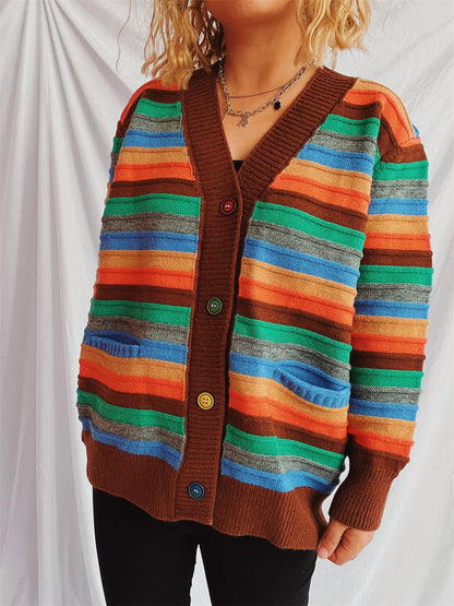 Contrast Stripes Button Up Long Sleeve Cardigan-Angel Casuals