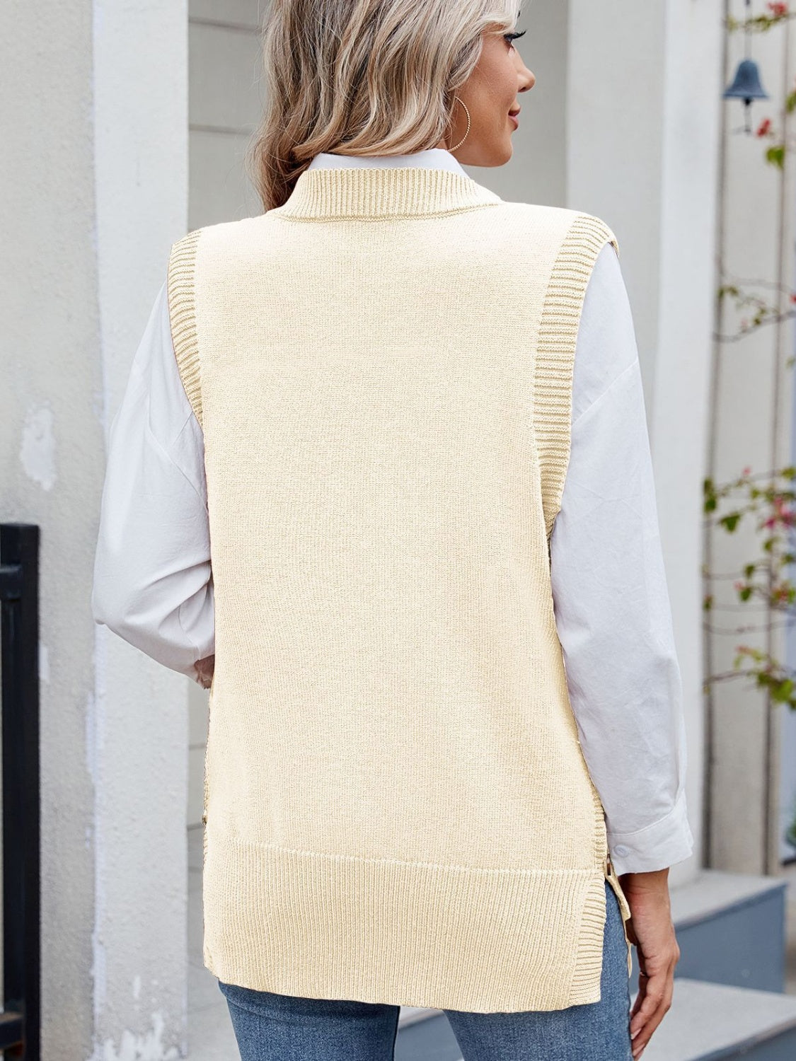 Buttoned Round Neck Sweater Vest-Angel Casuals