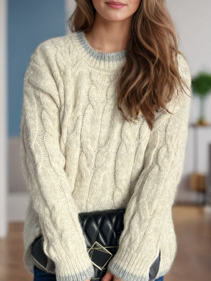 Cable Knit Round Neck Long Sleeve Sweater-Angel Casuals