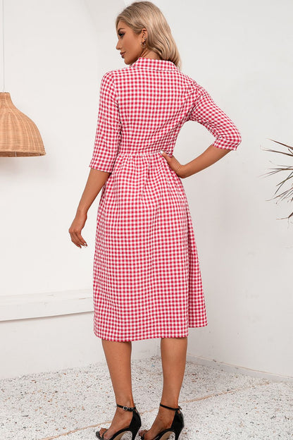 Plaid Collared Neck Midi Dress-Angel Casuals