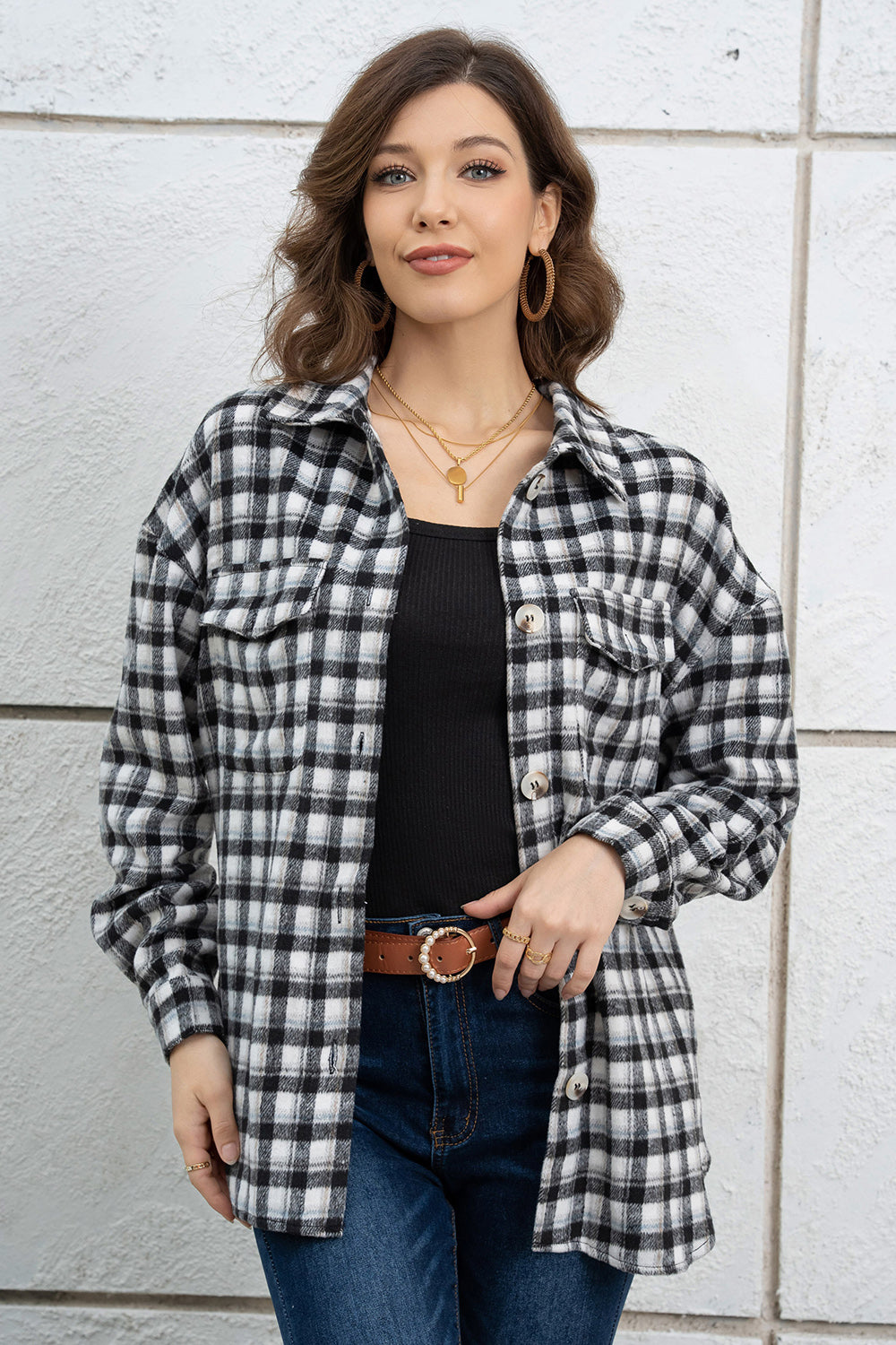 Plaid Dropped Shoulder Shirt Jacket-Angel Casuals