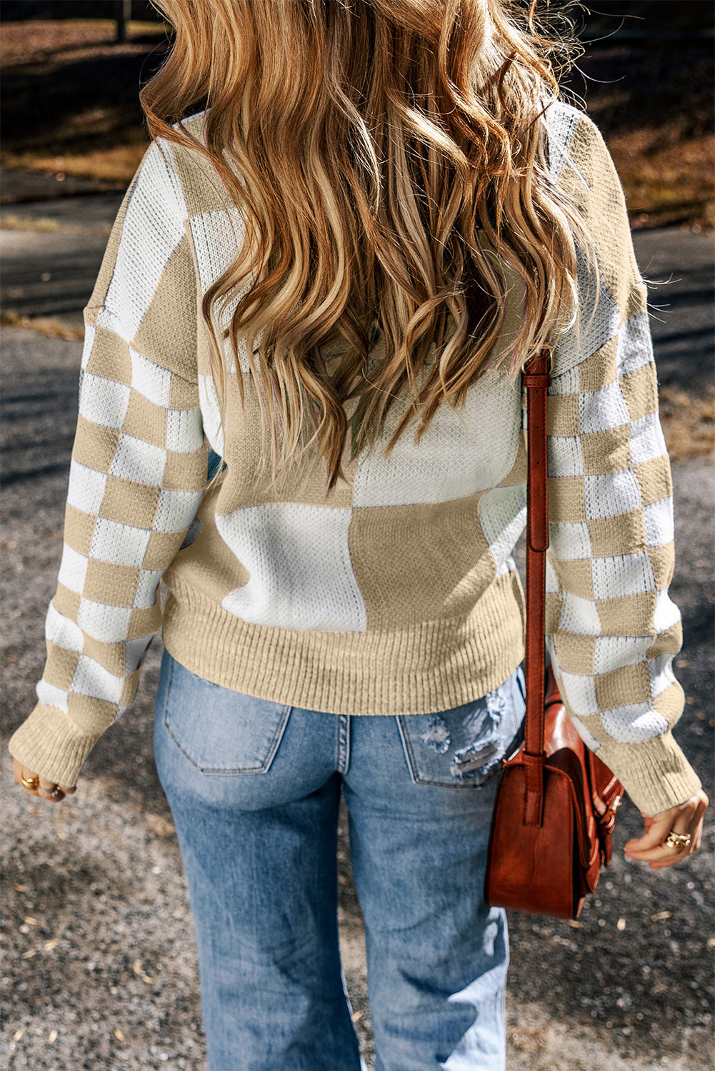 Checkered Round Neck Drop Shoulder Sweater-Angel Casuals