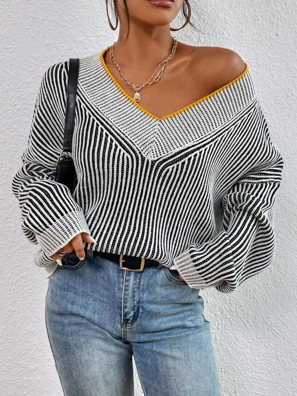 Striped V-Neck Long Sleeve Sweater-Angel Casuals