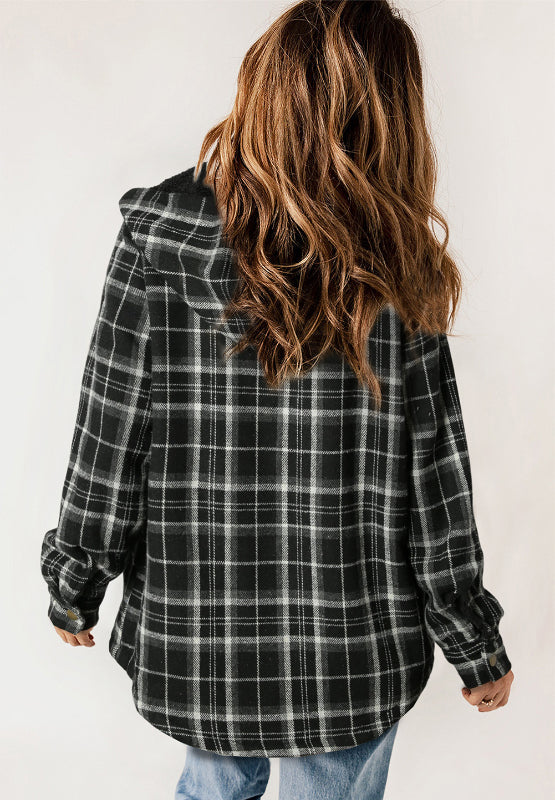 Plaid Button Up Long Sleeve Hooded Jacket-Angel Casuals