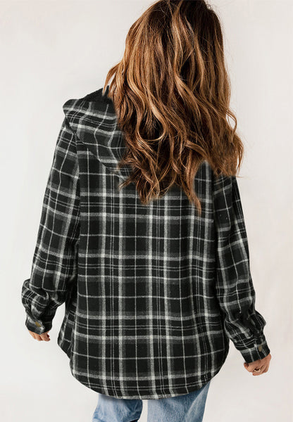 Plaid Button Up Long Sleeve Hooded Jacket-Angel Casuals