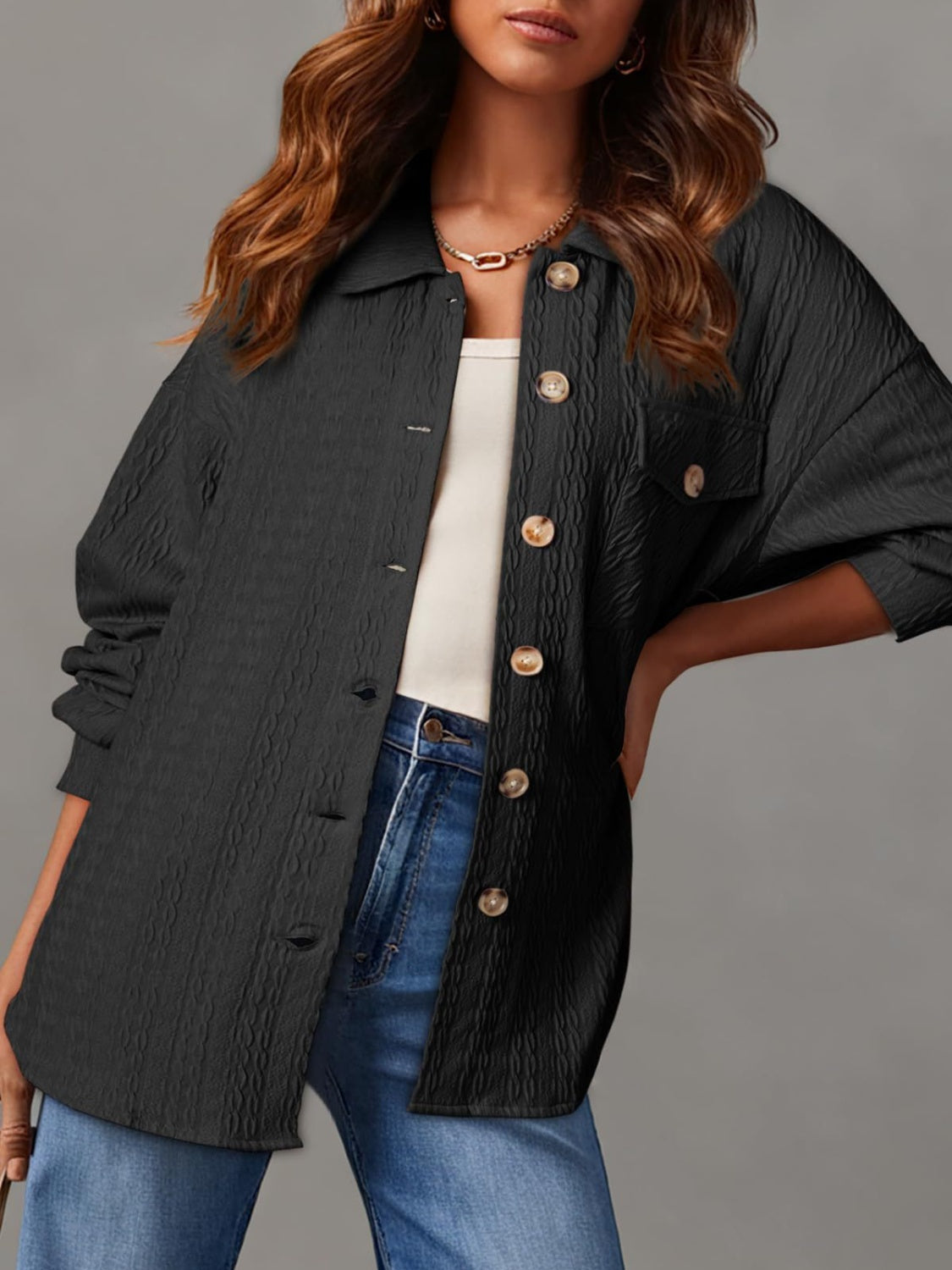 Textured Button Up Long Sleeve Shacket-Angel Casuals