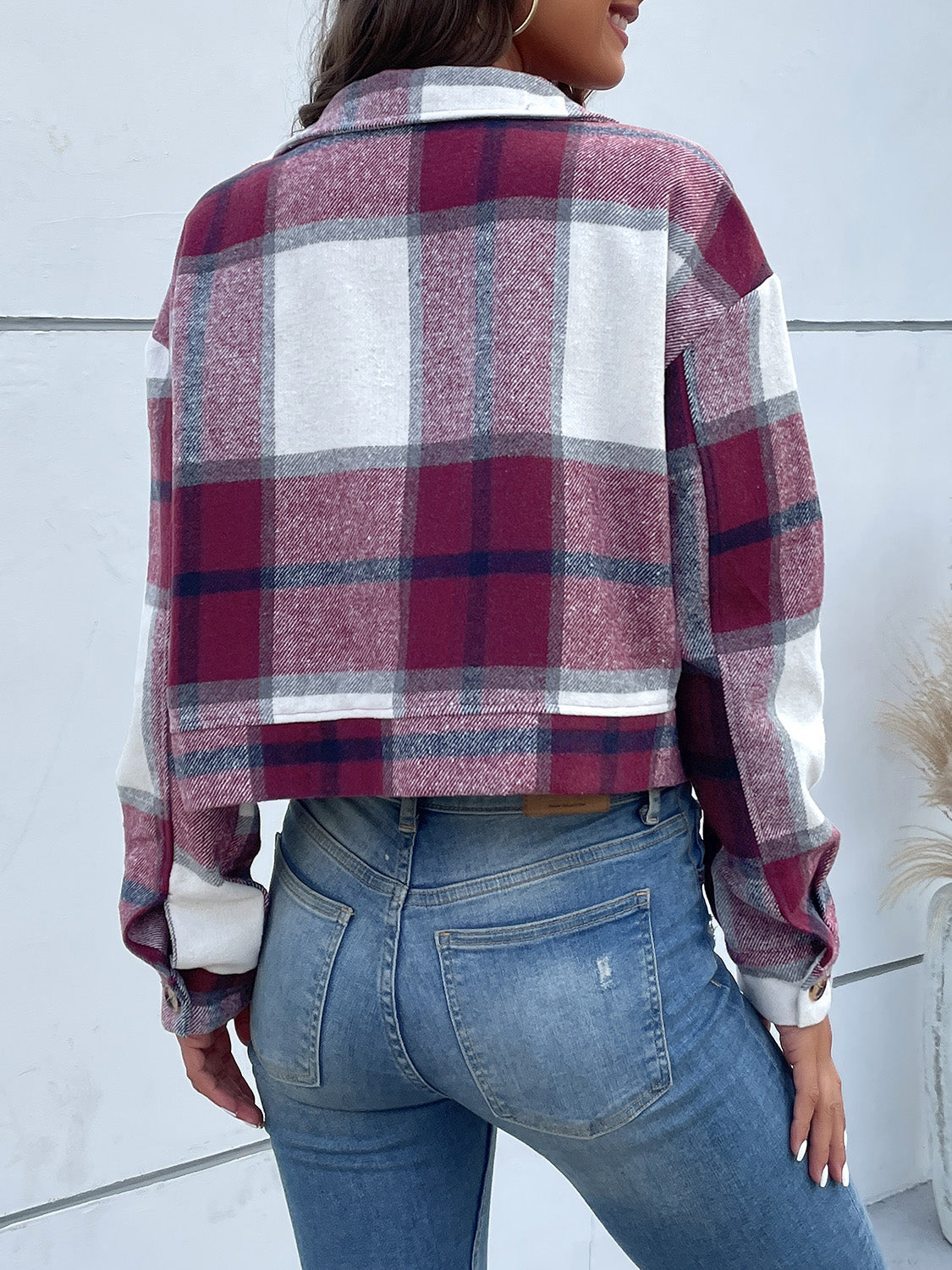 Perfee Plaid Button Up Drop Shoulder Cropped Jacket-Angel Casuals
